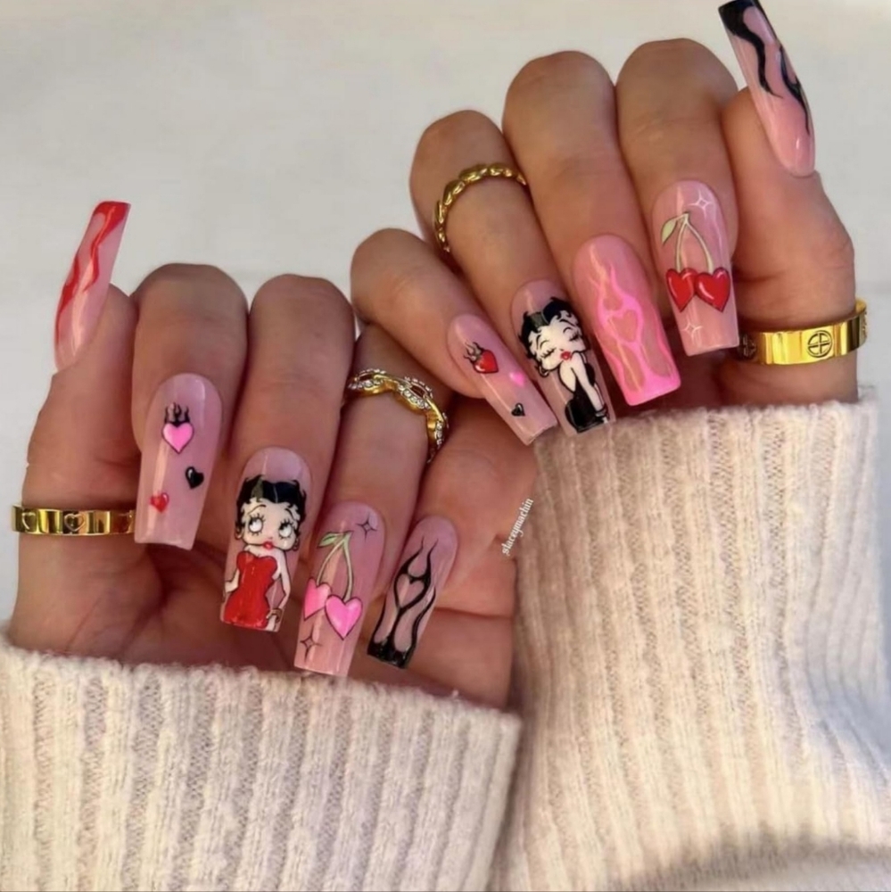 BETTY BOOP Press-On Nails​Betty Boop Press-On Nails ✨ Pink & Red Y2K Retro Manic - Picture 2 of 5